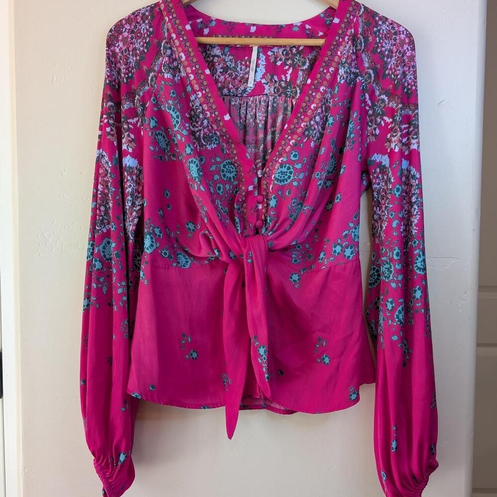 Free People Pink Floral Mixed Print Tie Front Balloon Sleeve Blouse Size S